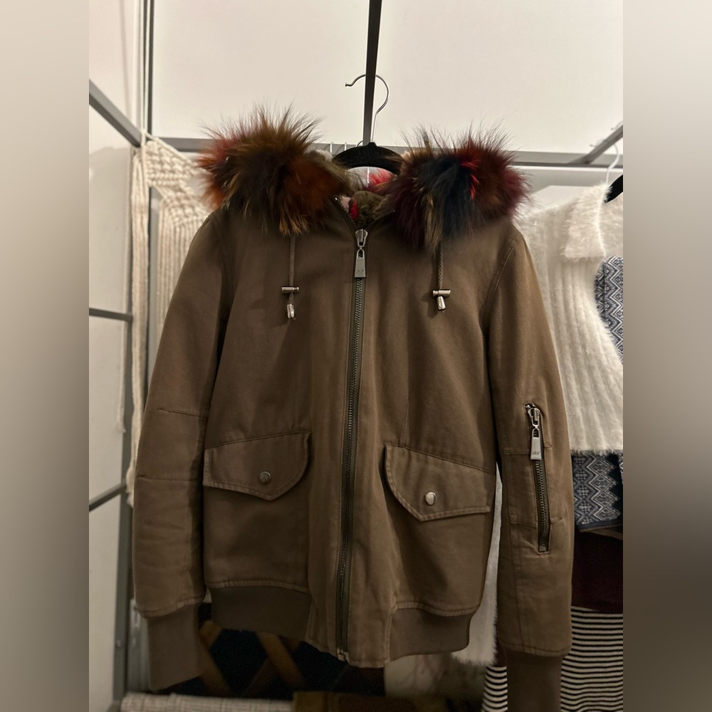 Belle Fare Rainbow Rabbit + Fox Fur Bomber Coat
